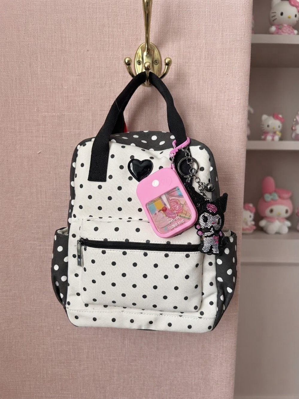 Betsy Johnson Polka Dot Kids Mini Backpack with Black Heart Accent - Pink Charm